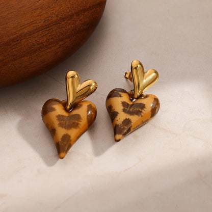 Leopard Print Heart Drop Earrings