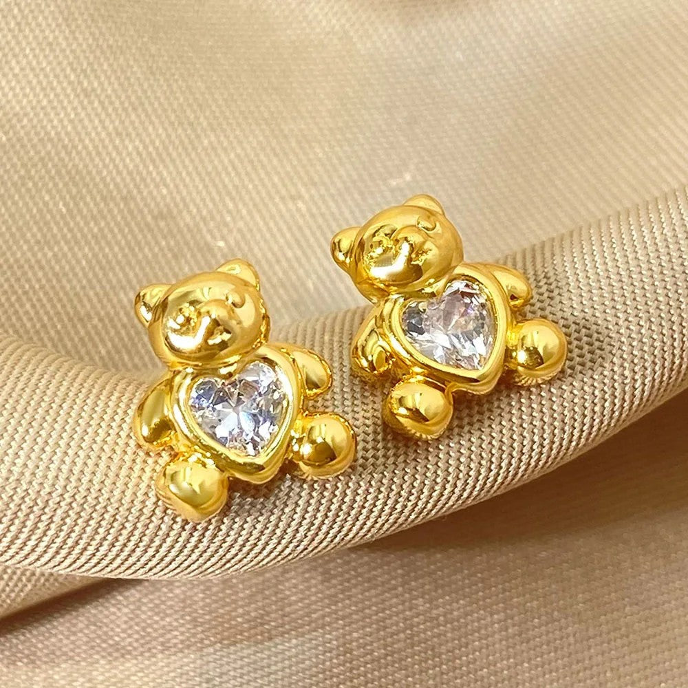 Heart Bear Zircon Stud Earrings