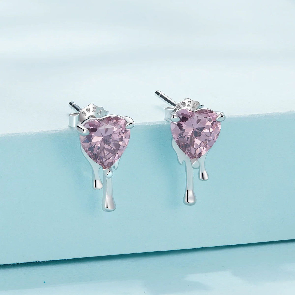 Pink Crystal Melting Heart Stud Earrings