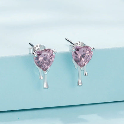Pink Crystal Melting Heart Stud Earrings