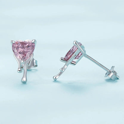 Pink Crystal Melting Heart Stud Earrings