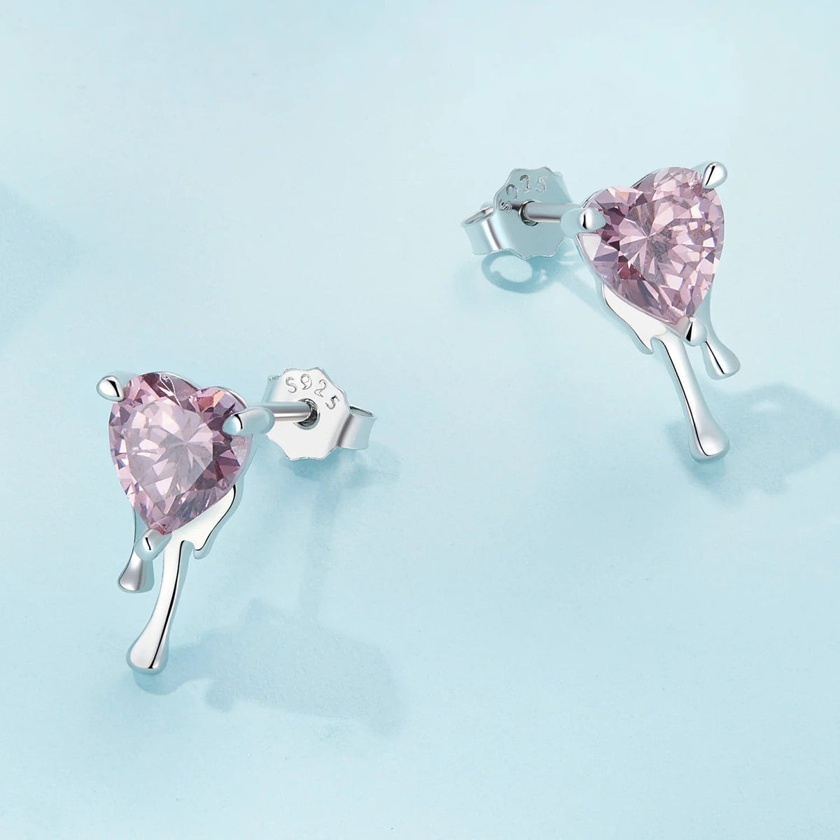 Pink Crystal Melting Heart Stud Earrings