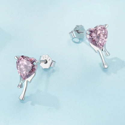 Pink Crystal Melting Heart Stud Earrings