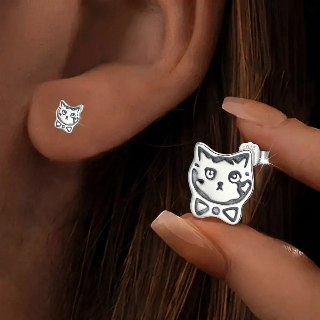 Oxidized Graffiti Cat Stud Earrings