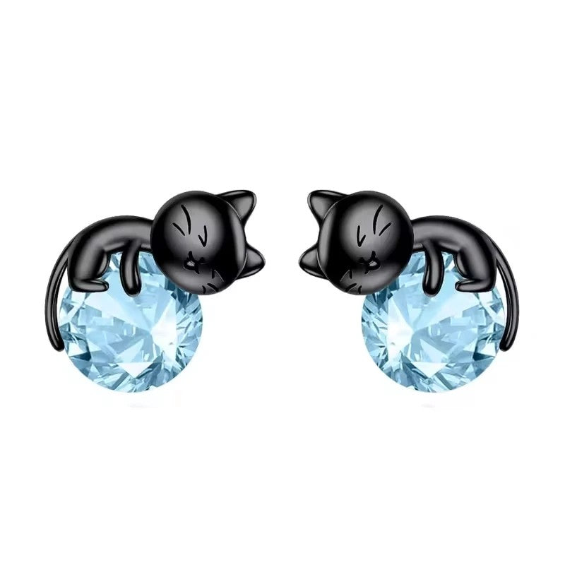 Black Cat Blue Crystal Stud Earrings