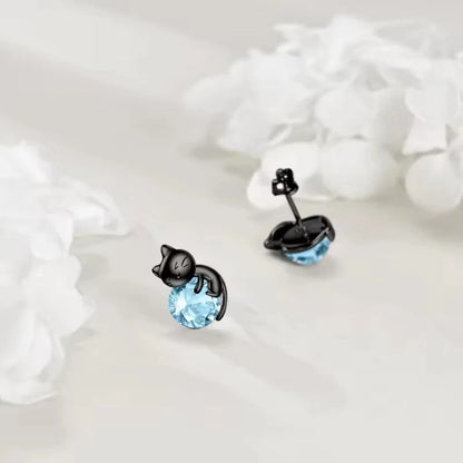 Black Cat Blue Crystal Stud Earrings