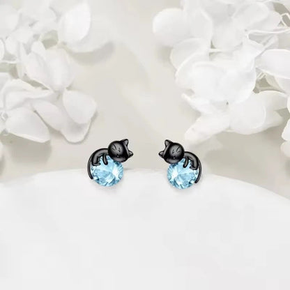 Black Cat Blue Crystal Stud Earrings