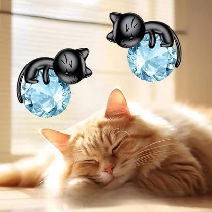Black Cat Blue Crystal Stud Earrings