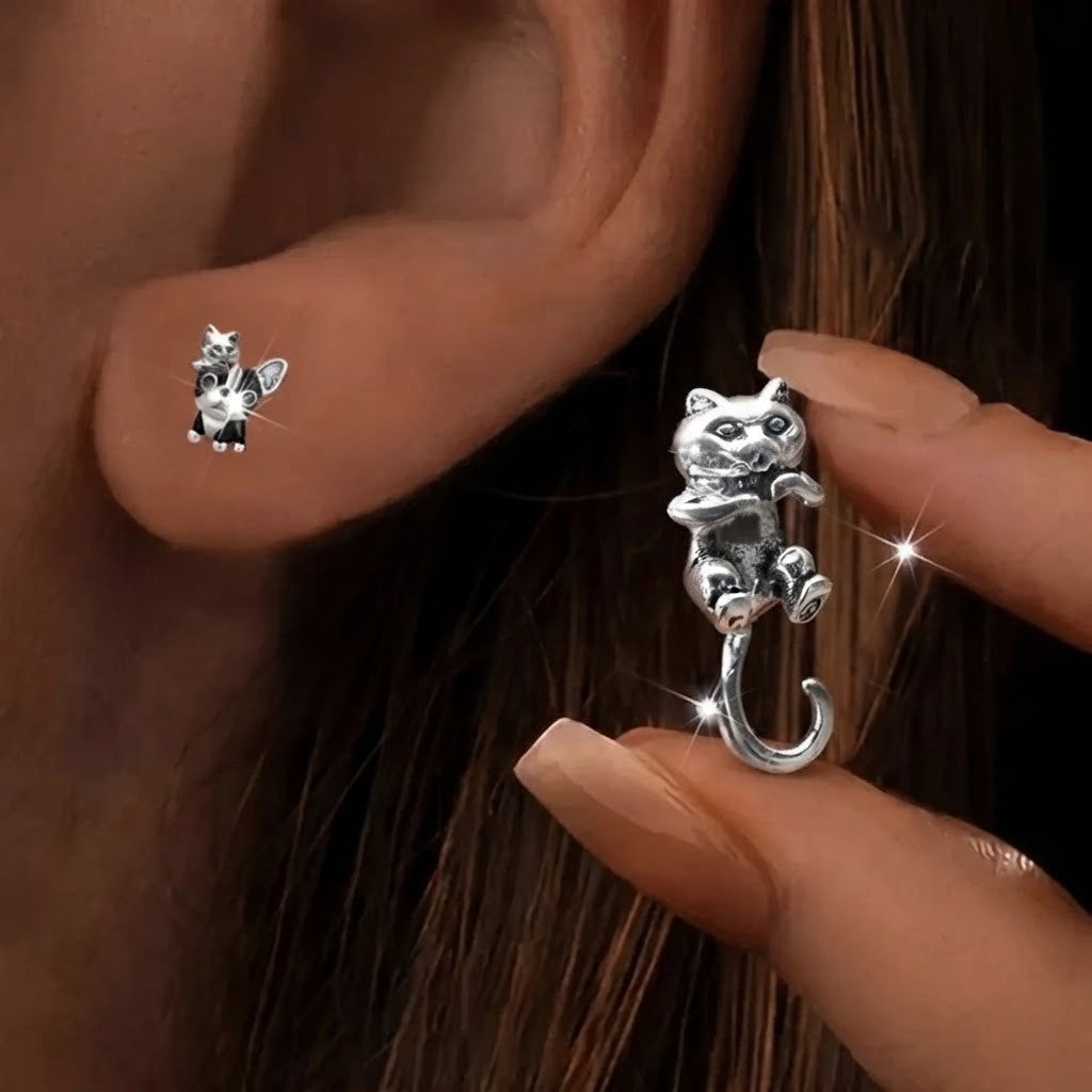 Cat with Dangling Tail Stud Earrings
