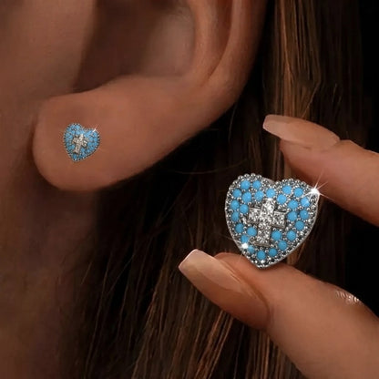 Blue Crystal Heart Cross Stud Earrings