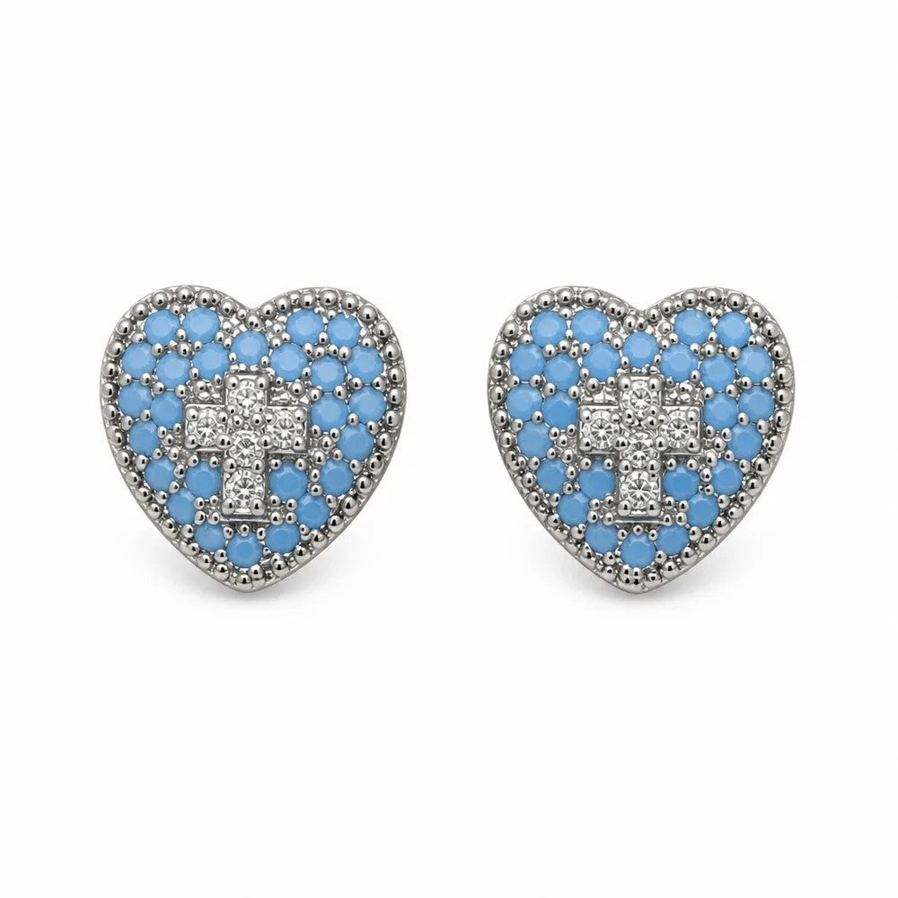 Blue Crystal Heart Cross Stud Earrings