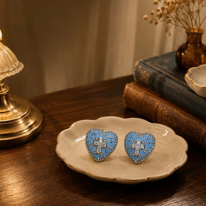 Blue Crystal Heart Cross Stud Earrings