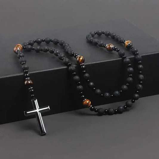 Tiger Eye & Lava Rock Cross Necklace