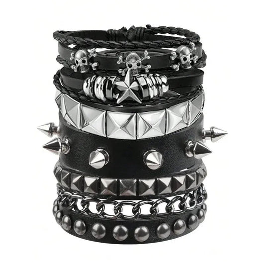 Studded Skull Leather Bracelet Set