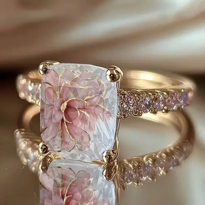 Pink Floral Square Statement Ring