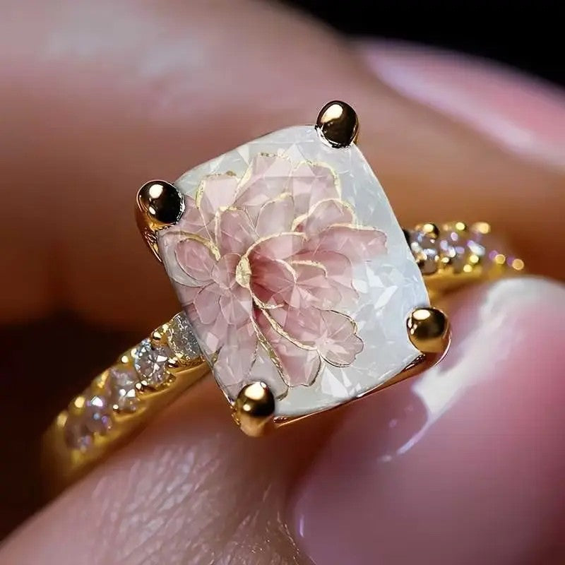 Pink Floral Square Statement Ring