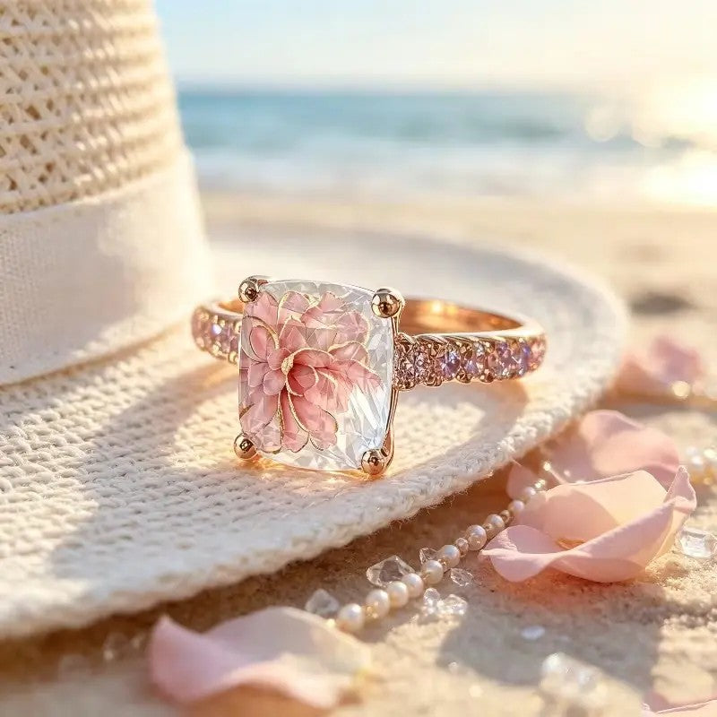 Pink Floral Square Statement Ring