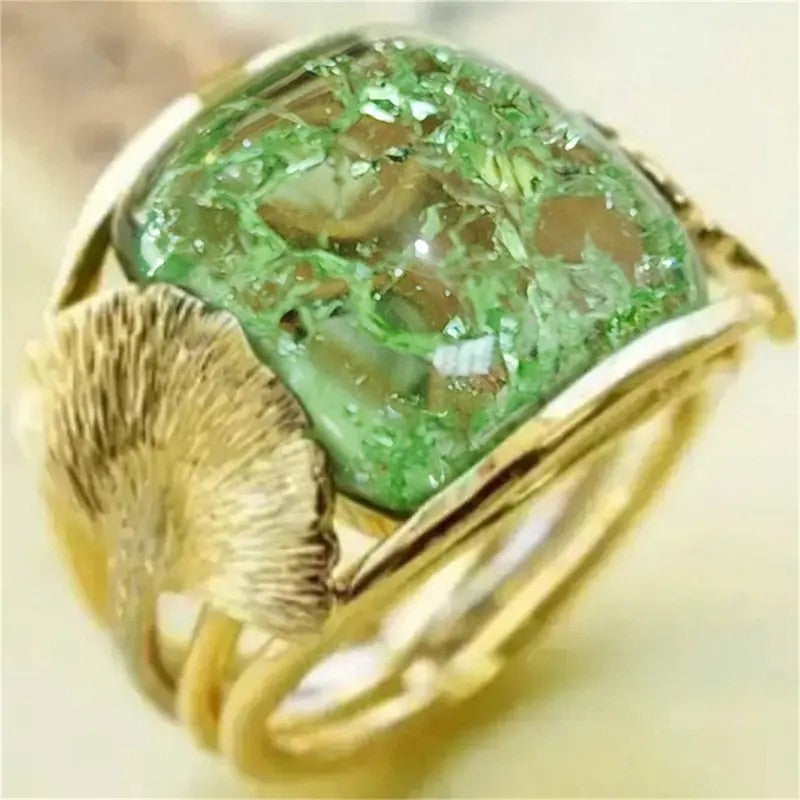 Green Moss Stone Ginkgo Ring