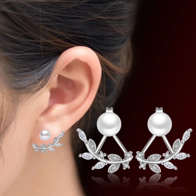 Pearl Leaf Crystal Stud Earrings