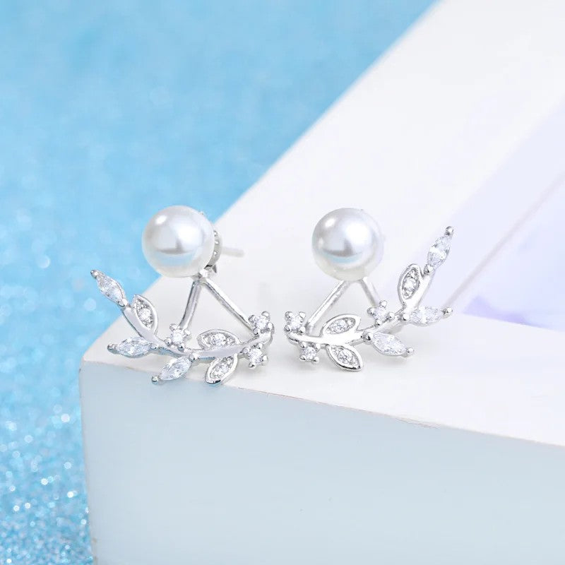 Pearl Leaf Crystal Stud Earrings