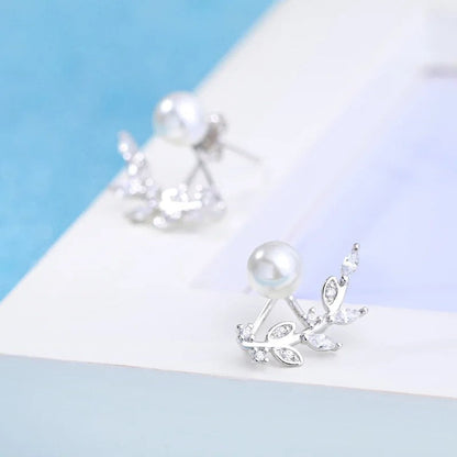 Pearl Leaf Crystal Stud Earrings