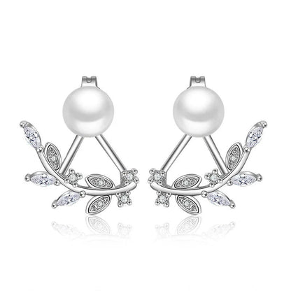 Pearl Leaf Crystal Stud Earrings