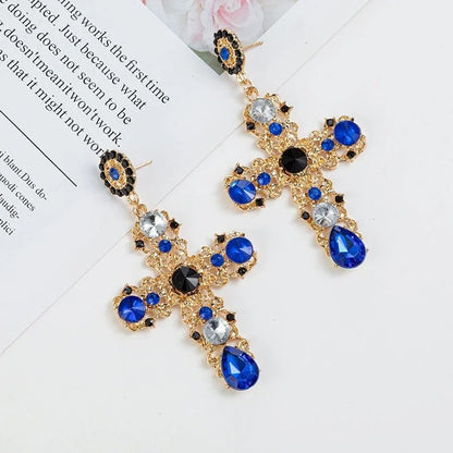 Black Crystal Cross Drop Earrings