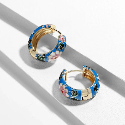 Blue Enamel Floral Hoop Earrings
