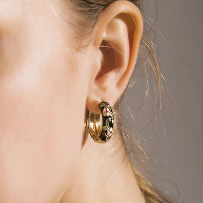 Blue Enamel Floral Hoop Earrings
