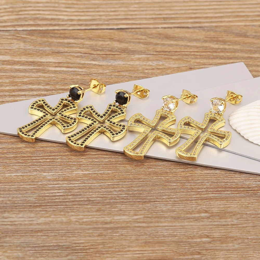 Pave Cross Drop Earrings