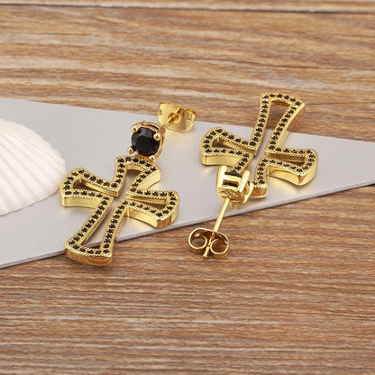 Pave Cross Drop Earrings