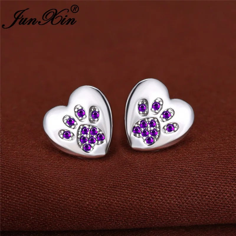 Green Crystal Paw Heart Stud Earrings
