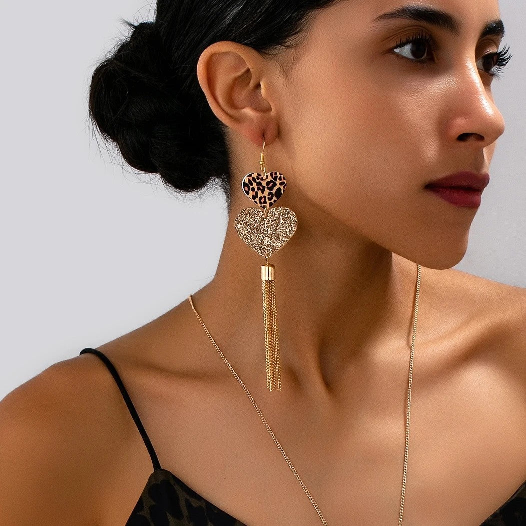 Leopard Heart Drop Earrings