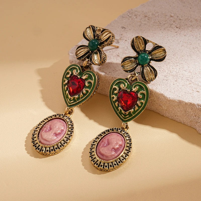 Floral Heart Cameo Drop Earrings