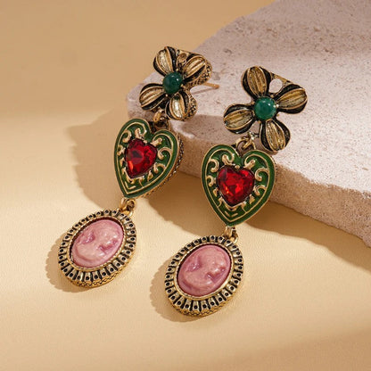 Floral Heart Cameo Drop Earrings