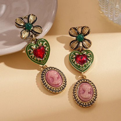 Floral Heart Cameo Drop Earrings