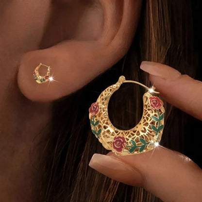 Enamel Rose Hoop Earrings