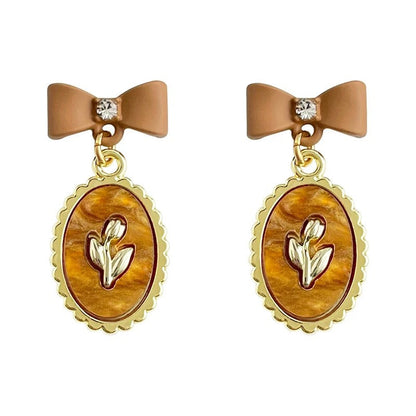 Brown Bow Floral Drop Earrings