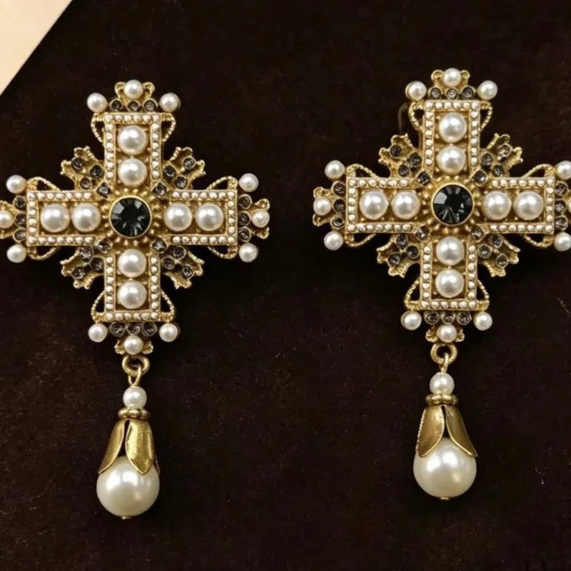 Pearl Cross Drop Earrings