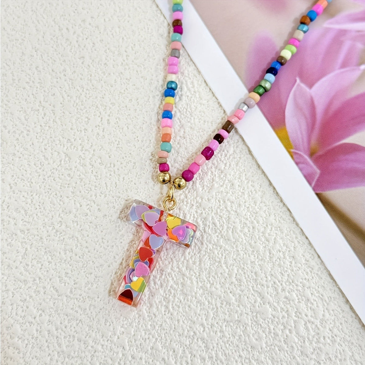 Colorful Heart Resin Letter Necklace