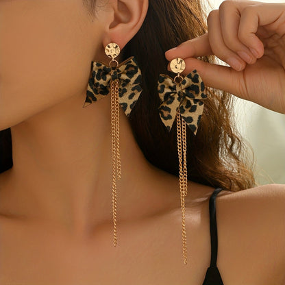 Leopard Bow Tassel Earrings