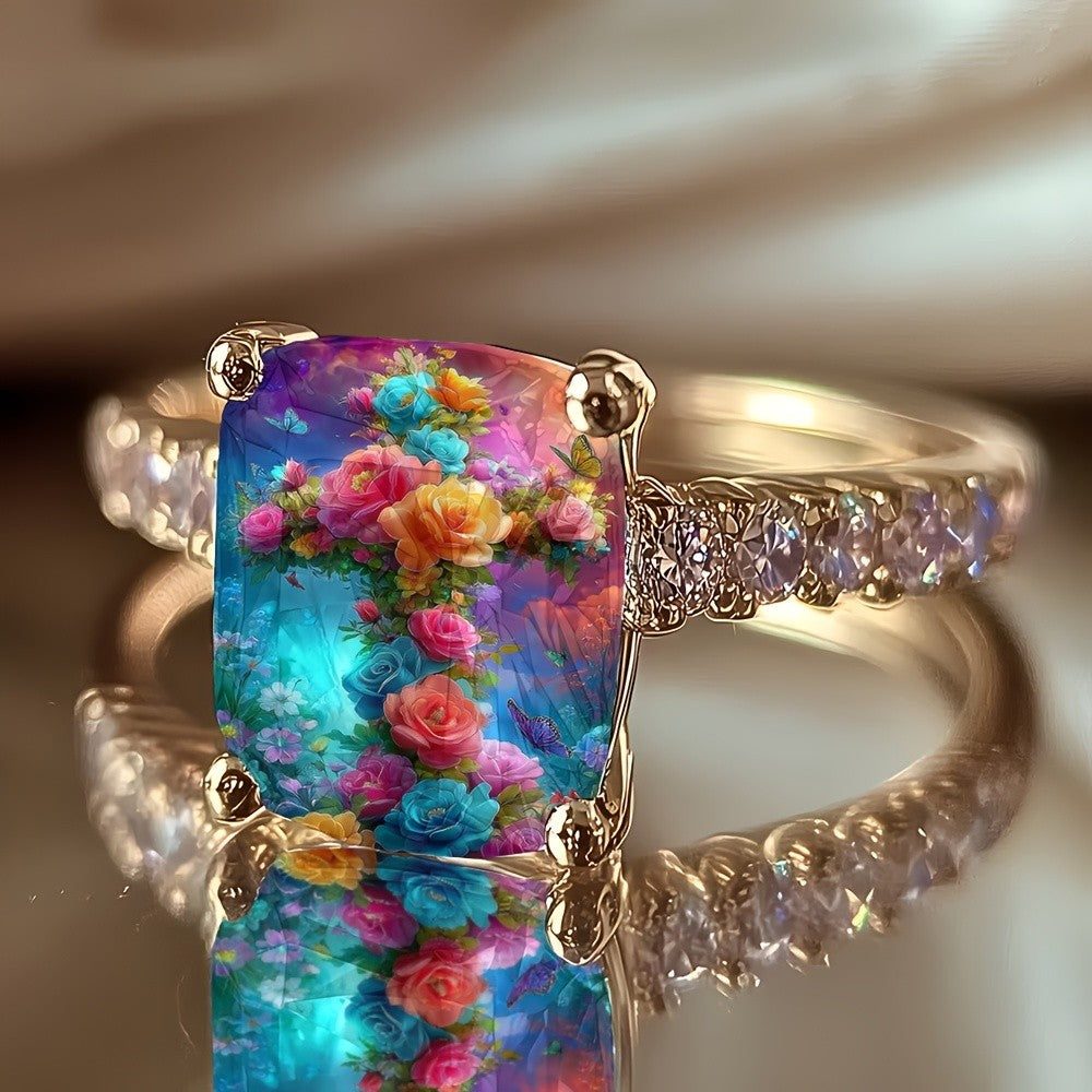 Colorful Floral Butterfly Square Ring