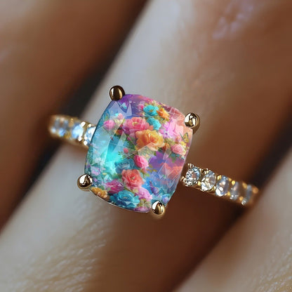 Colorful Floral Butterfly Square Ring