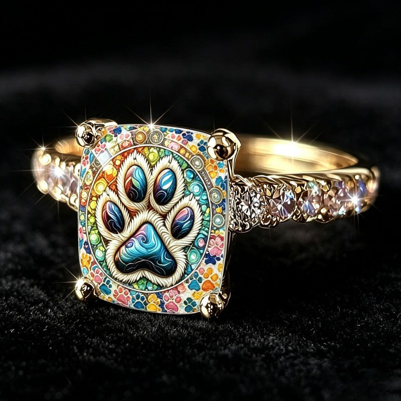 Colorful Paw Print Square Ring