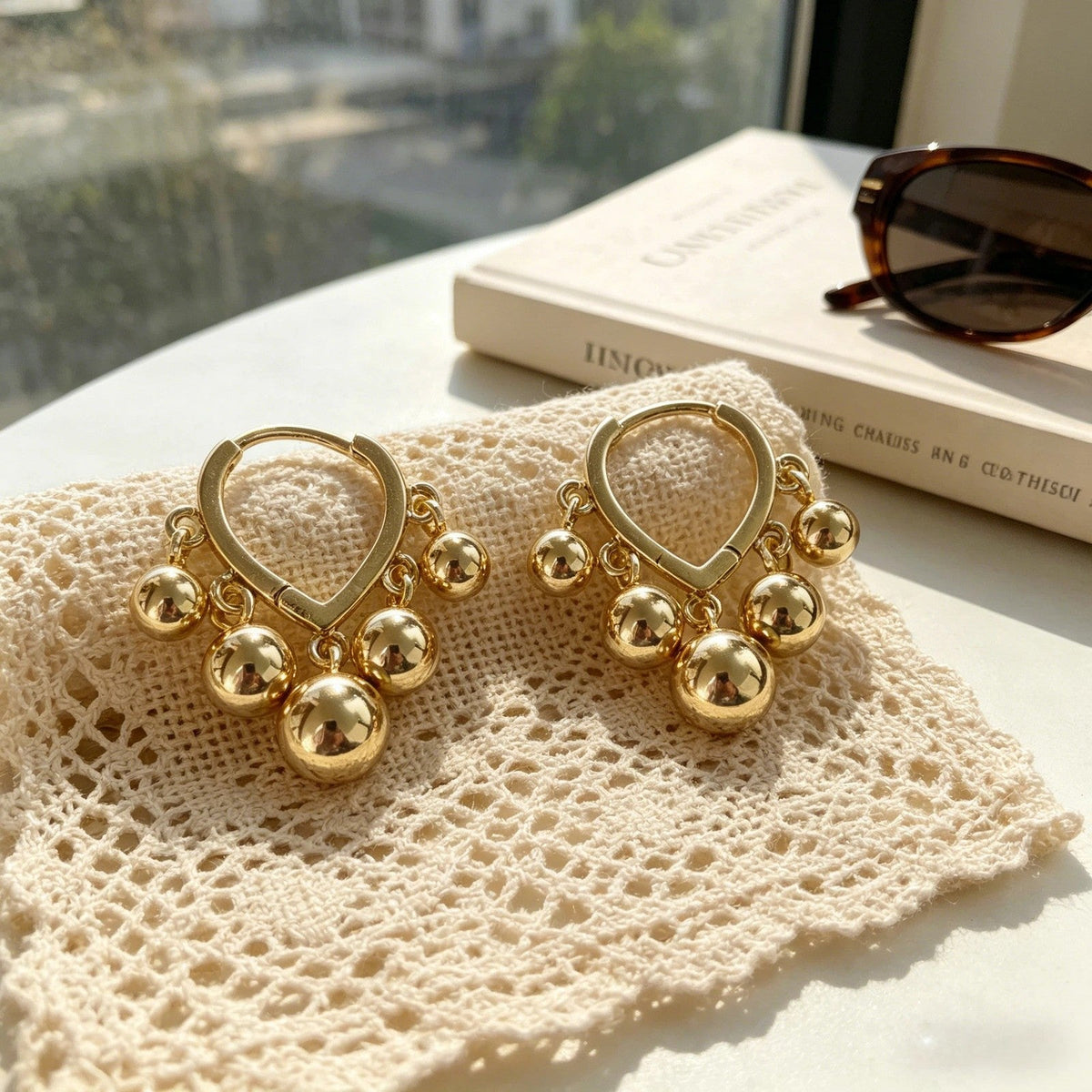 Gold-Tone Heart Bead Hoop Earrings