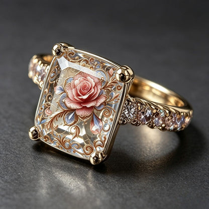 Pink Rose Filigree Square Ring