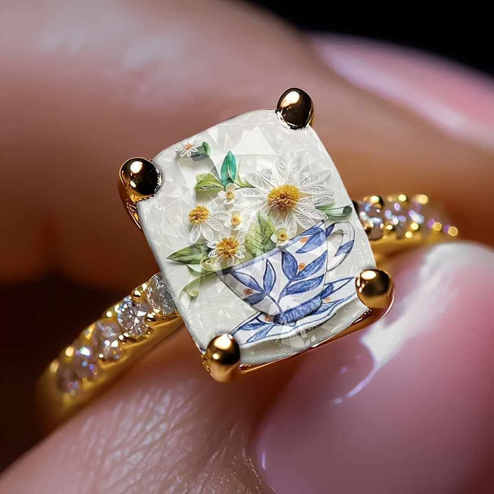 Floral Teacup Square Ring