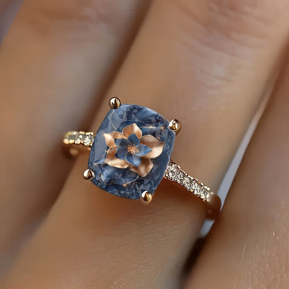 Blue Starry Floral Square Ring