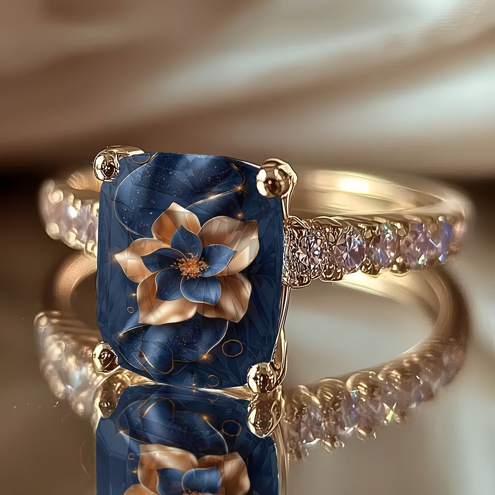 Blue Starry Floral Square Ring