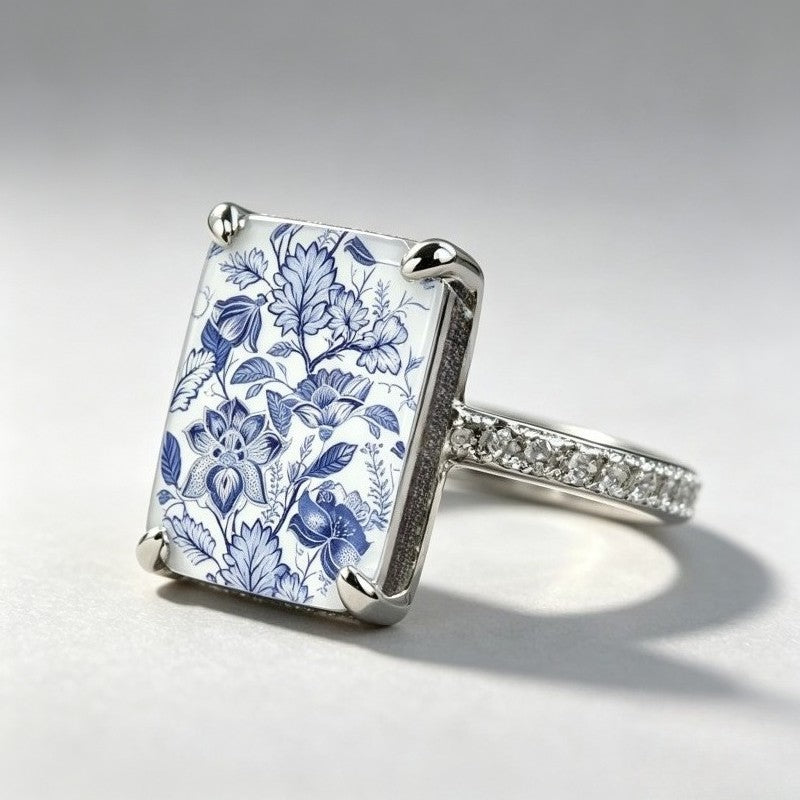 Blue Floral Square Ring